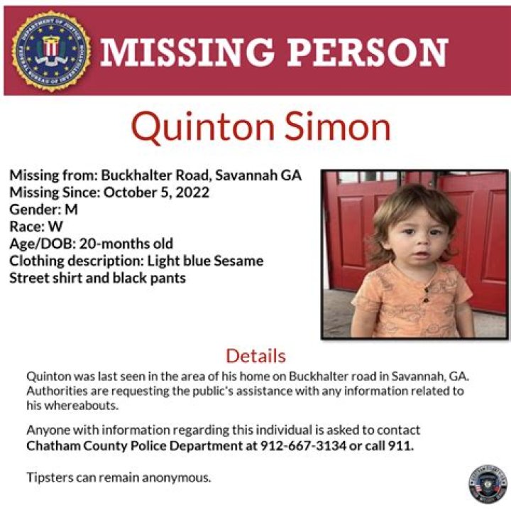 
20-month-old toddler, Quinton Simon, missing from his home for the last 5 days 