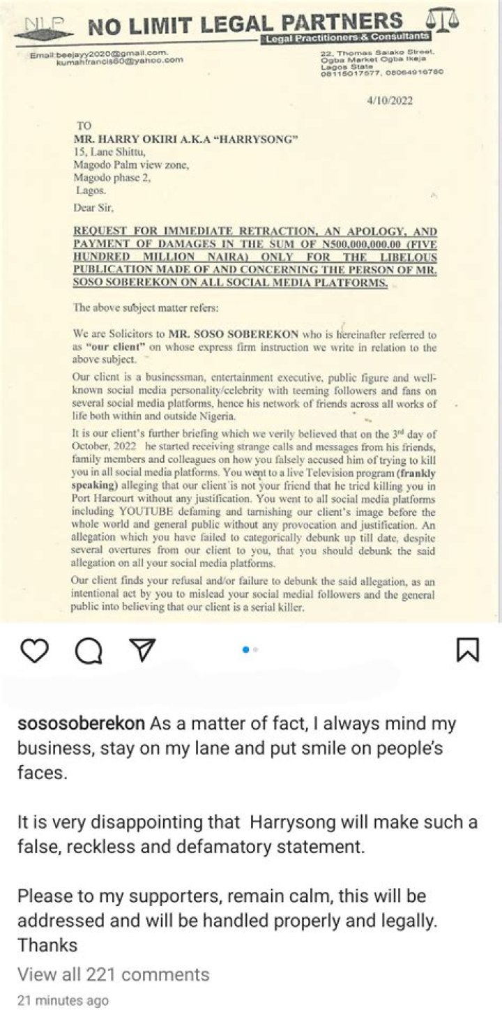 
This is akamu case – Netizens react after Soso Soberekon sues Harrysong for ₦500million 